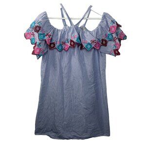 LOFT Embroidered Off Shoulder Blue Stripe Dress XS Boho Summer Casual